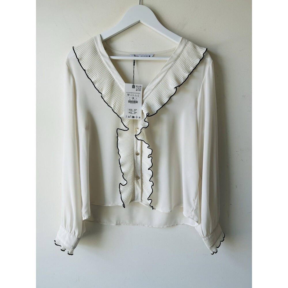 Zara White Flounced-Trim Pleated Ruffles Neck Top Romantic Bohemian Size M